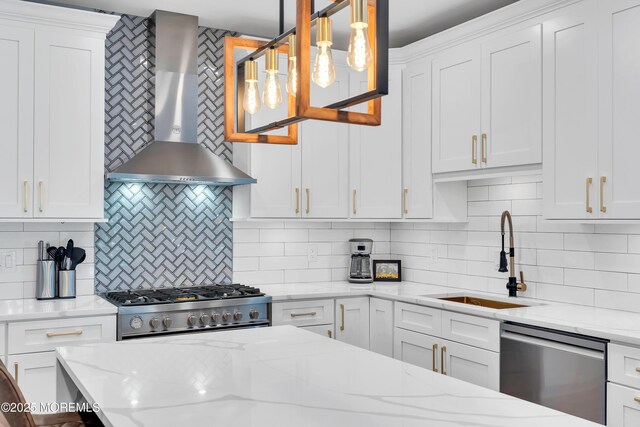 401 Overlook Dr, Neptune Township, NJ 07753 - kitchen with wall chimney range hood, dishwasher, a sink, gas range oven, and backsplash