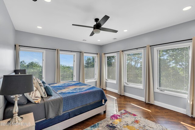 401 Overlook Dr, Neptune Township, NJ 07753 - bedroom with baseboards, wood finished floors, recessed lighting, and a ceiling fan