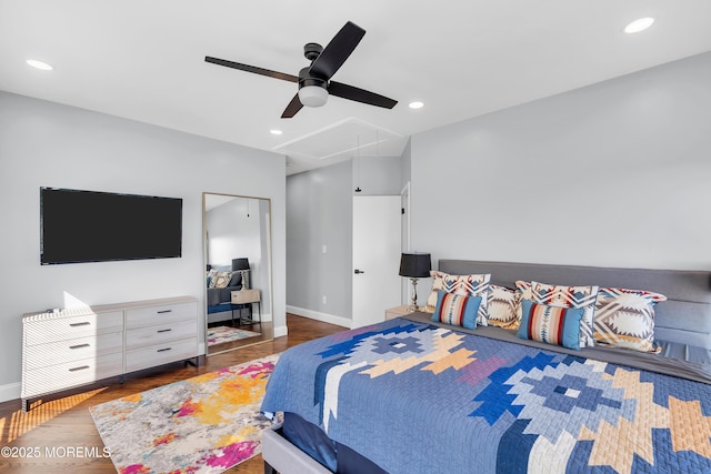 401 Overlook Dr, Neptune Township, NJ 07753 - bedroom featuring attic access, wood finished floors, baseboards, ceiling fan, and recessed lighting
