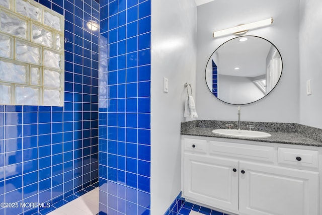 401 Overlook Dr, Neptune Township, NJ 07753 - bathroom featuring vanity, walk in shower, and tile patterned flooring