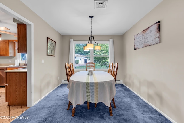 6 Blanche Dr, New Egypt, NJ 08533 - dining area featuring a baseboard heating unit, a baseboard radiator, baseboards, and light colored carpet