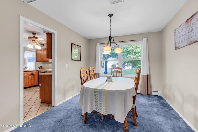 6 Blanche Dr, New Egypt, NJ 08533 - dining area featuring a ceiling fan, light carpet, baseboards, a baseboard heating unit, and light tile patterned floors