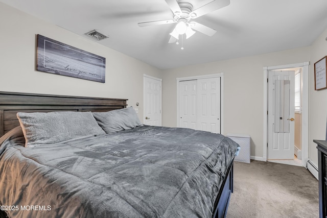 6 Blanche Dr, New Egypt, NJ 08533 - bedroom with carpet floors, a closet, baseboards, ceiling fan, and a baseboard heating unit