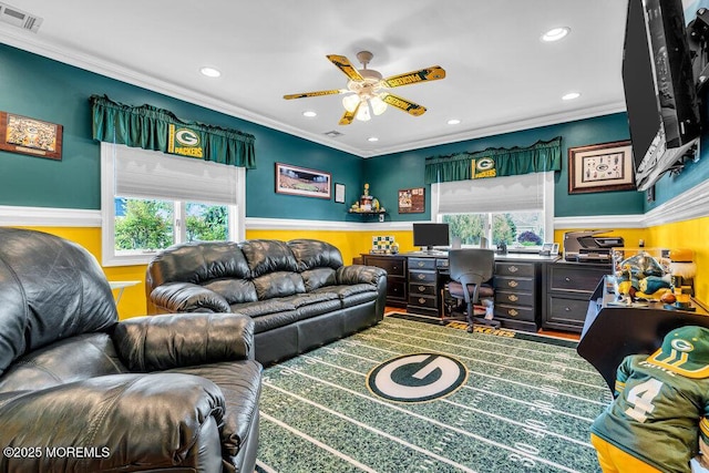 251 Genes Dr, Toms River, NJ 08753 - living area featuring a ceiling fan, wainscoting, recessed lighting, ornamental molding, and an office area