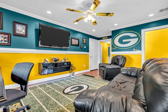 251 Genes Dr, Toms River, NJ 08753 - living room with baseboards, a ceiling fan, recessed lighting, wood finished floors, and ornamental molding