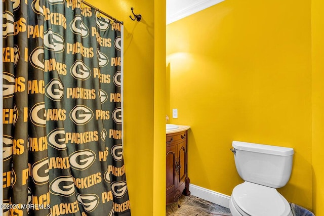 251 Genes Dr, Toms River, NJ 08753 - full bathroom featuring crown molding, toilet, baseboards, curtained shower, and vanity