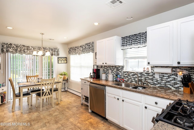 102 Clear Lake Rd, Whiting, NJ 08759 - kitchen featuring dishwasher, a sink, a baseboard heating unit, white cabinetry, and decorative backsplash