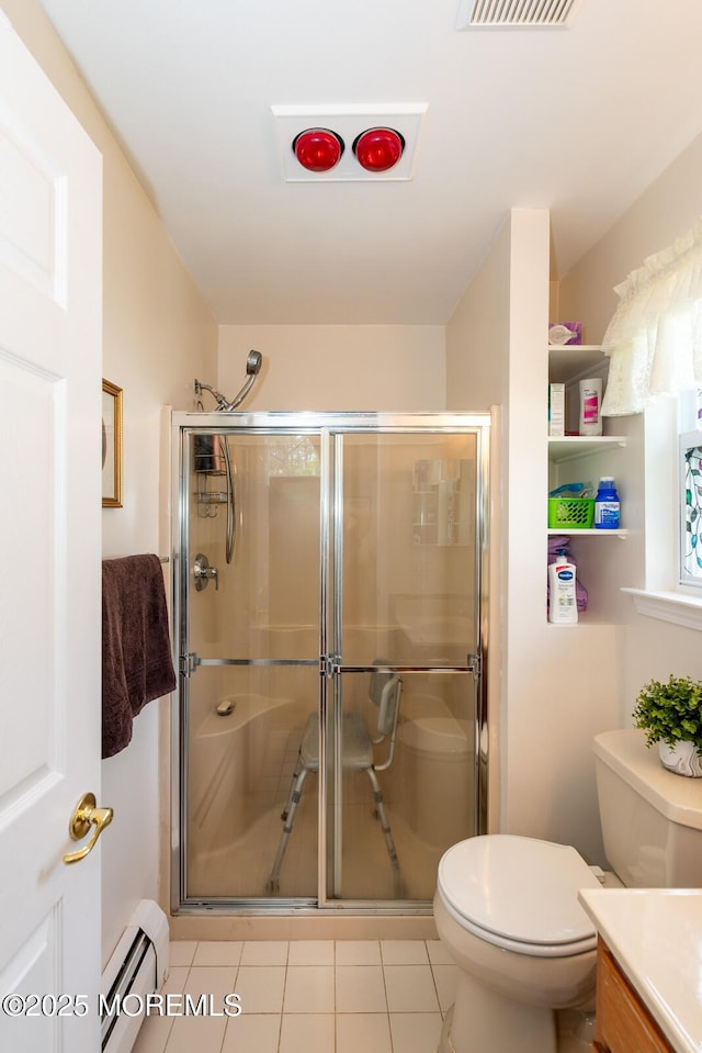102 Clear Lake Rd, Whiting, NJ 08759 - full bath featuring a baseboard radiator, toilet, a shower stall, and vanity