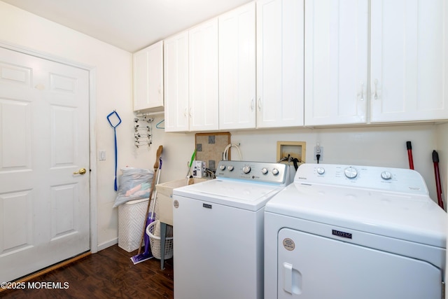 102 Clear Lake Rd, Whiting, NJ 08759 - clothes washing area featuring washer and dryer, cabinet space, dark wood-style flooring, and baseboards