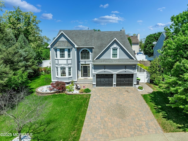 view of front of home featuring stucco siding, roof with shingles, and decorative driveway