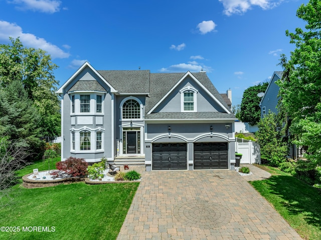 traditional home with decorative driveway, stucco siding, and roof with shingles