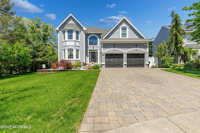 view of front facade with a front lawn, decorative driveway, and stucco siding