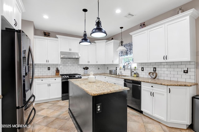 kitchen featuring stainless steel appliances, under cabinet range hood, a sink, tasteful backsplash, and white cabinets