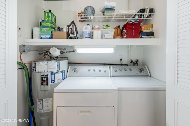 washroom featuring electric water heater and washer and clothes dryer