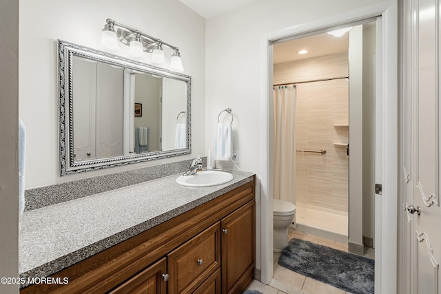 full bath with toilet, tile patterned floors, curtained shower, vanity, and recessed lighting