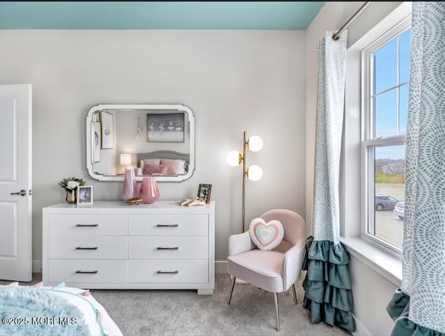 bedroom with light carpet