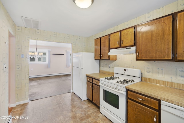 23 Marathon St, Toms River, NJ 08757 - kitchen with white appliances, under cabinet range hood, baseboard heating, wallpapered walls, and a chandelier