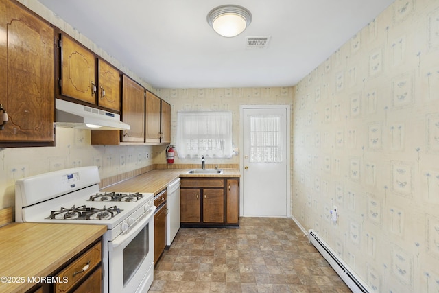 23 Marathon St, Toms River, NJ 08757 - kitchen featuring white appliances, under cabinet range hood, a sink, light countertops, and wallpapered walls