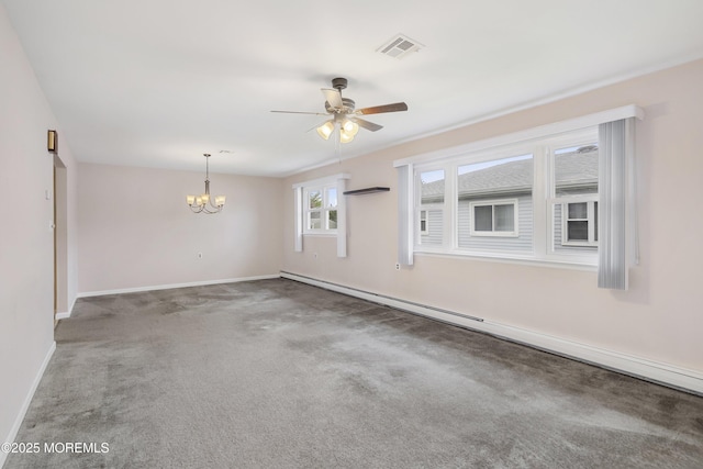 23 Marathon St, Toms River, NJ 08757 - empty room featuring a chandelier, ceiling fan, carpet, baseboards, and baseboard heating