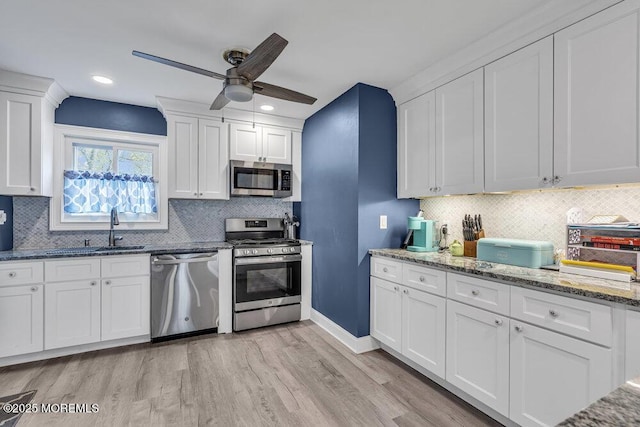 40 Mallard St Unit B, Manchester, NJ 08759 - kitchen with stainless steel appliances, a sink, a ceiling fan, light wood finished floors, and decorative backsplash