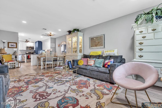 40 Mallard St Unit B, Manchester, NJ 08759 - living room featuring light wood-style floors, a ceiling fan, and recessed lighting