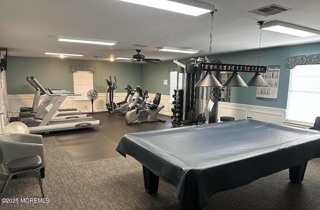 518 Petunia Ln N, Whiting, NJ 08759 - recreation room featuring billiards table, a wainscoted wall, a ceiling fan, and a decorative wall