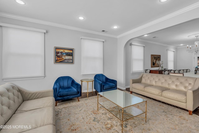 105 Shady Lane Dr, Lakewood, NJ 08701 - living area with wood finished floors, baseboards, recessed lighting, a chandelier, and plenty of natural light