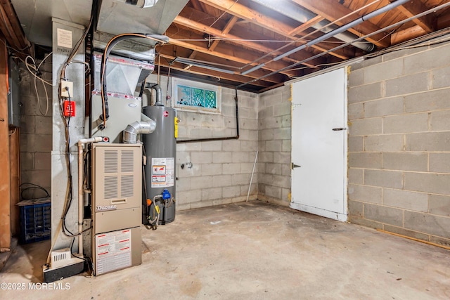 unfinished below grade area with gas water heater and heating unit