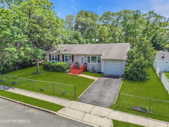 ranch-style home with driveway, an attached garage, and a shingled roof