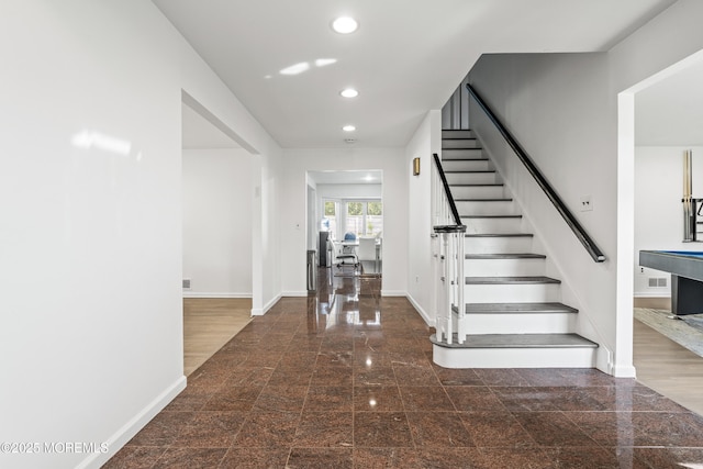 16 Bridle Dr, West Long Branch, NJ 07764 - foyer entrance featuring recessed lighting, granite tiled floors, baseboards, and stairs