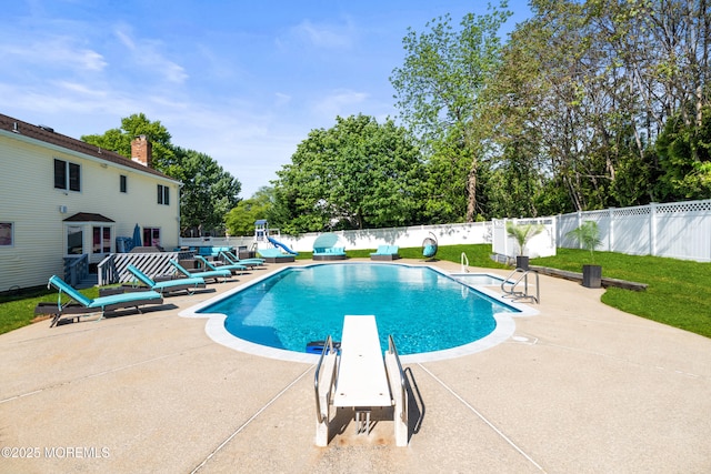 16 Bridle Dr, West Long Branch, NJ 07764 - view of pool with a patio area, a fenced backyard, and a diving board