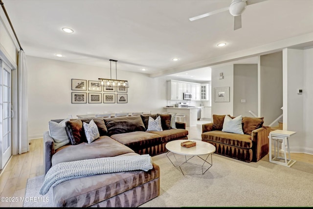 6 Tower Rd, Long Branch, NJ 07740 - living area featuring recessed lighting, ceiling fan, light wood-style flooring, baseboards, and a chandelier