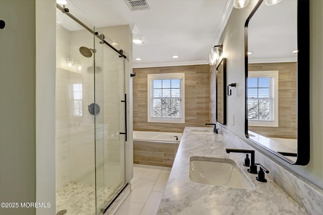 6 Tower Rd, Long Branch, NJ 07740 - full bathroom with a bath, a stall shower, double vanity, ornamental molding, and tile patterned flooring