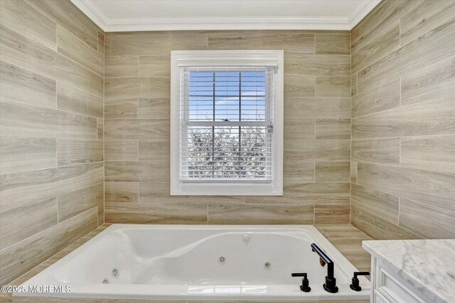 6 Tower Rd, Long Branch, NJ 07740 - bathroom featuring a whirlpool tub, ornamental molding, plenty of natural light, and vanity