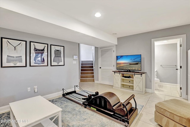 6 Tower Rd, Long Branch, NJ 07740 - living room featuring baseboards, stairs, light tile patterned floors, and recessed lighting