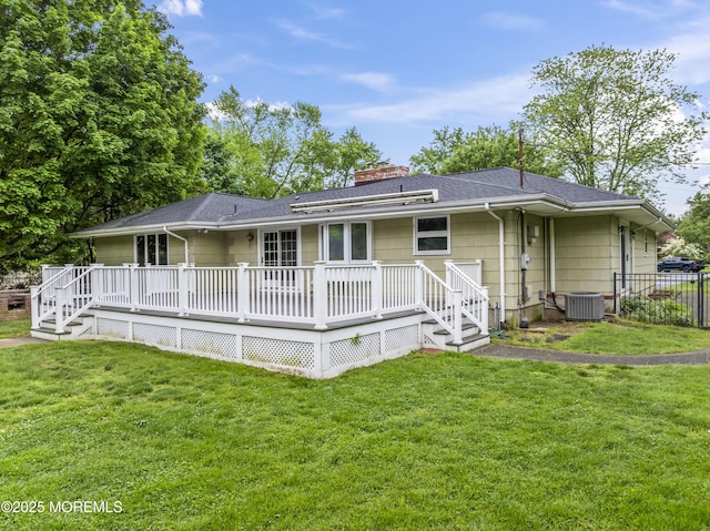 205 Edgemere Dr, Toms River, NJ 08755 - rear view of property with a chimney, central AC unit, a shingled roof, and a deck