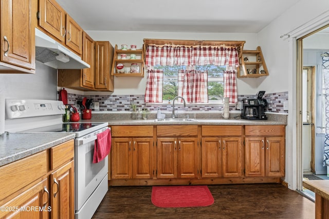 80 Falmouth Ave Unit 72, Whiting, NJ 08759 - kitchen featuring electric range, open shelves, a sink, and under cabinet range hood