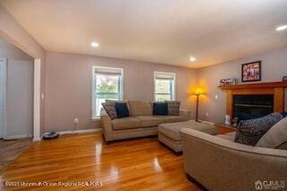 living area featuring a glass covered fireplace, recessed lighting, baseboards, and wood finished floors