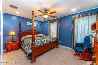 carpeted bedroom with baseboards and recessed lighting