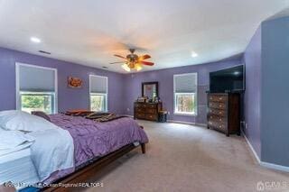 bedroom featuring carpet, ceiling fan, recessed lighting, and baseboards