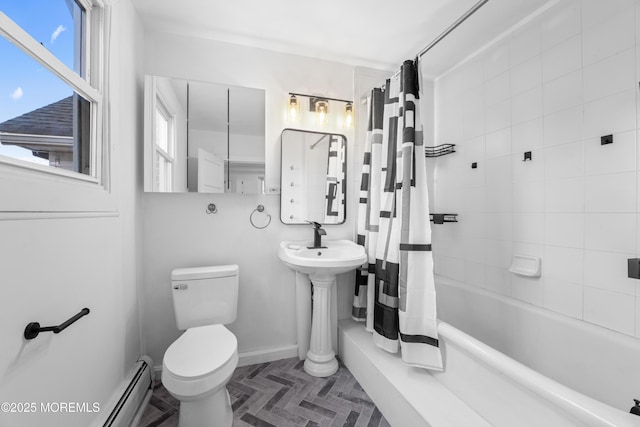 101 Forest Ave, Keansburg, NJ 07734 - full bath with toilet, a baseboard radiator, shower / bathtub combination with curtain, and a sink