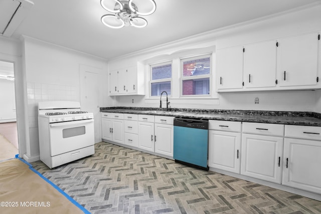 101 Forest Ave, Keansburg, NJ 07734 - kitchen featuring dishwashing machine, gas range gas stove, a sink, white cabinets, and crown molding