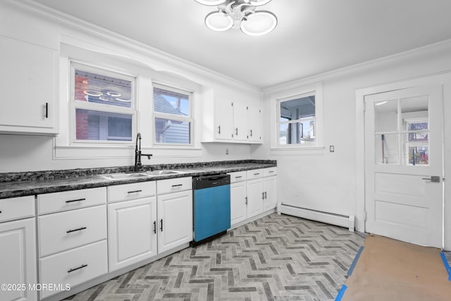 101 Forest Ave, Keansburg, NJ 07734 - kitchen featuring a baseboard heating unit, dishwasher, a sink, white cabinetry, and crown molding