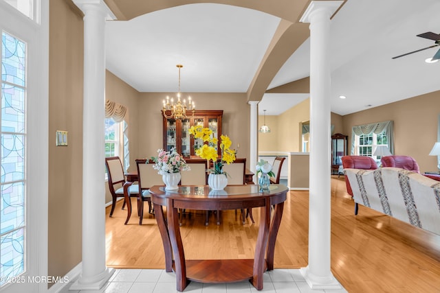 4 Saxony Cir, Manchester, NJ 08759 - tiled dining room featuring decorative columns, baseboards, a chandelier, and ceiling fan