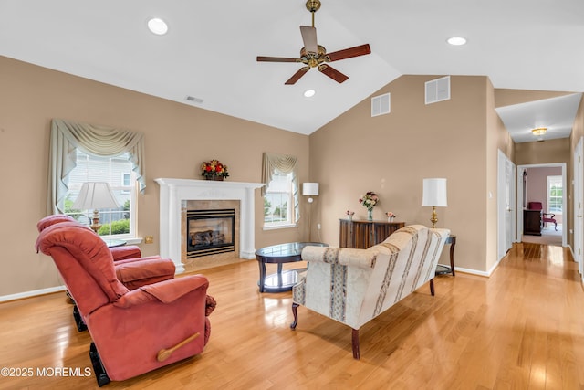 4 Saxony Cir, Manchester, NJ 08759 - living room featuring ceiling fan, a premium fireplace, light wood finished floors, high vaulted ceiling, and recessed lighting