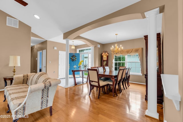 4 Saxony Cir, Manchester, NJ 08759 - dining space featuring ornate columns, light wood-style flooring, baseboards, and recessed lighting