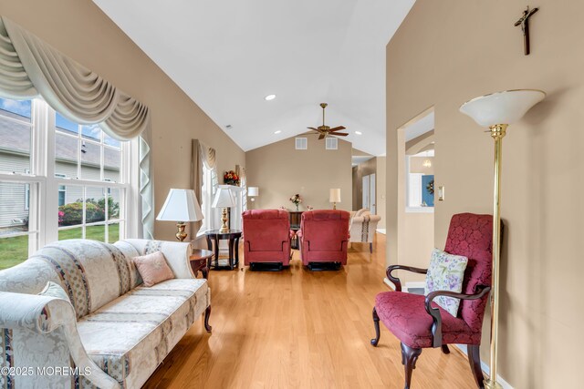 4 Saxony Cir, Manchester, NJ 08759 - living area with light wood-style floors, vaulted ceiling, ceiling fan, and recessed lighting