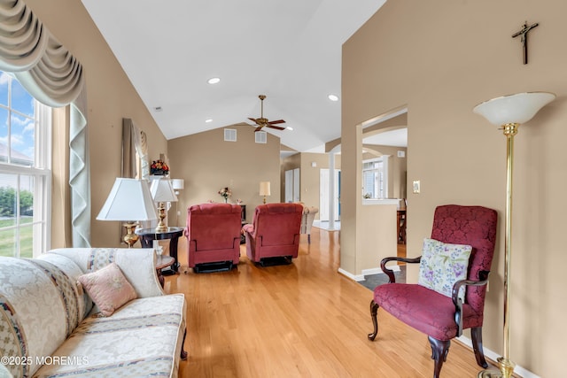 4 Saxony Cir, Manchester, NJ 08759 - living room featuring ceiling fan, light wood-style floors, recessed lighting, vaulted ceiling, and baseboards