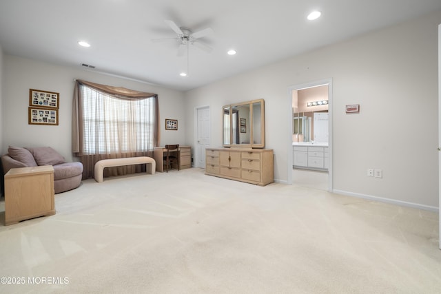 living area with ceiling fan, carpet flooring, recessed lighting, and baseboards