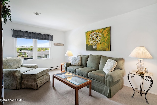 39 Patmore Rd, Brick, NJ 08724 - living room featuring carpet, a baseboard heating unit, and baseboards
